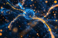 Glowing blue neuron with synaptic connections on dark background illuminated by orange bokeh lights, depicting neural network activity and brain cell communication.