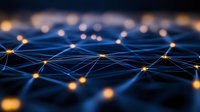 Glowing orange nodes connected by blue light streams forming network pattern against dark background, illustrating digital connectivity and data flow.