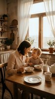 Mother and toddler sharing breakfast at wooden table in cozy kitchen with natural light streaming through window curtains creating warm family moment.