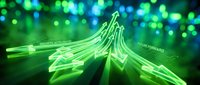 Glowing green neon lines converge toward center with bokeh lights, representing data flow, technology advancement, and digital connectivity for tech backgrounds and futuristic designs.