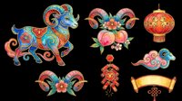 Colorful Chinese New Year decorative elements set featuring ornamental ram, lantern, firecrackers, and traditional motifs isolated on transparent background for t-shirt design, clipart, and print-on-demand projects.