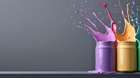 Colorful paint splashes bursting from purple, yellow and turquoise containers against gray background, creating dynamic motion effect with liquid droplets and splatter.