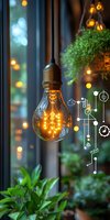 Glowing vintage light bulb with digital network icons overlay against blurred window background with bokeh lights and green plants. Concept for smart home.