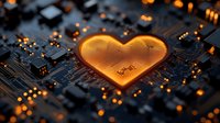 Glowing heart shape on computer circuit board with orange light effect and electronic components. Dark tech background with digital love symbol.