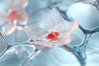 Delicate pink cherry blossom with translucent petals on blue toned background, soft focus macro photography creates dreamy spring atmosphere.