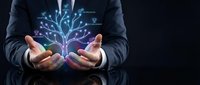 Businessman hands protecting glowing digital tree with network connections on dark background for technology growth and innovation concepts.