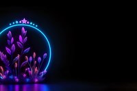 Glowing neon circle frame with purple luminescent fantasy plants and flowers on dark background, futuristic nature concept with copy space.