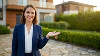 Professional female real estate agent in navy blazer holding house keys outdoors near residential property for homebuying and selling services.