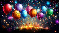 Festive colorful balloons floating over glowing sparkles and magical lights against dark background, celebration atmosphere with bright bokeh effects.