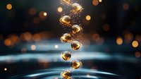Glowing golden spheres arranged in spiral formation with magical sparkles and light trails floating above reflective water surface against dark bokeh background.