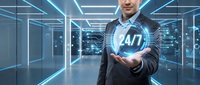 Professional businessman in suit presenting glowing 24/7 service hologram in futuristic data center with blue neon lighting and server infrastructure.