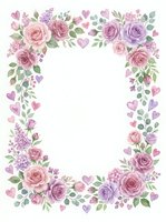 Romantic floral frame with pink and purple roses, hearts and greenery on white background for wedding invitations and greeting cards.