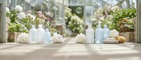 Spa wellness products with candles and towels in bright greenhouse setting with natural plants and soft lighting for relaxation and self-care rituals.
