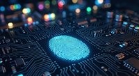 Glowing blue fingerprint on dark circuit board with colorful bokeh lights representing digital identity, cybersecurity and biometric authentication technology.