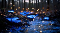 Glowing blue mushrooms in dark mystical forest with magical bokeh lights and water reflections creating enchanted woodland atmosphere at night.