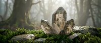 Mystical crystal formation emerging from mossy forest floor surrounded by ancient trees in ethereal foggy woodland atmosphere.