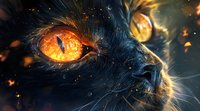 Mystical black cat with glowing orange eyes against dark background, magical fantasy art with sparks and ethereal moon reflection perfect for book covers and Halloween designs.
