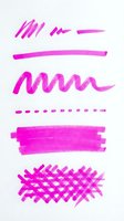 Magenta marker strokes and brush textures on white background, including lines, waves, dashes and crosshatching. Isolated design elements for graphic design, digital art projects and creative layouts.