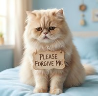 Adorable fluffy orange Persian cat wearing cardboard sign saying please forgive me, sitting on bed in bright modern bedroom interior.