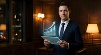 Professional businessman in suit holding tablet displaying growth chart in luxury office environment with warm lighting and wooden interior.