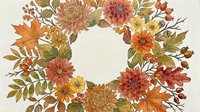 Autumn wreath with chrysanthemums, oak leaves, rosehips, and berries in warm orange, red, and gold tones on a light background.