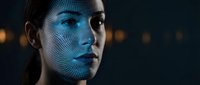 Young woman with digital facial recognition grid overlay in blue light showcasing biometric security technology for identity verification and access control.