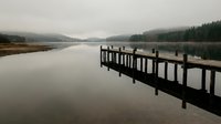 Wooden dock extending into calm lake surrounded by misty forested mountains and still water, suitable for travel, nature, and landscape design projects.