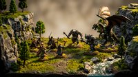Miniature medieval battle scene with armored knights and soldiers fighting on mossy terrain. Fantasy tabletop gaming diorama with detailed figurines and landscape.