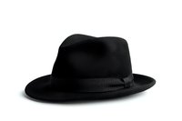 Classic black fedora hat with grosgrain ribbon band on white background, elegant menswear accessory isolated for design and commercial use.