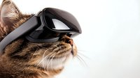 Cat wearing virtual reality headset, isolated on white background, ready for gaming, technology, and pet-related design projects.