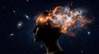 Human silhouette with cosmic nebula explosion from head against starry space background representing imagination, creativity and universal consciousness.