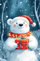 Cheerful polar bear in Santa hat and glowing scarf holds red gift box while snow falls in magical winter forest. Festive holiday illustration for cards and decor.
