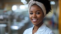 Young African American female healthcare worker wearing white uniform and patterned headscarf smiles warmly at camera in medical facility setting.