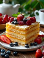 Layered puff pastry dessert with fresh berries, powdered sugar, and mint garnish on white plate. Tea setting with wooden table background and natural lighting.