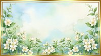 Watercolor floral frame with white flowers and green leaves on soft blue background. Decorative border for wedding invitations, greeting cards and stationery.