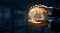 Businessman hands protecting glowing brain with neural network connections representing artificial intelligence, innovation and mental health care concepts.
