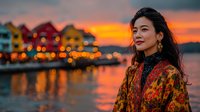 Young Asian woman in traditional floral jacket smiling at sunset by colorful waterfront houses with warm golden light reflecting on water creating romantic atmosphere.