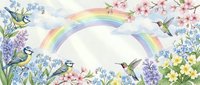 Spring garden scene with colorful rainbow, hummingbirds, blue tit birds and blooming flowers on white background for greeting cards and seasonal designs.