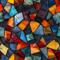 Vibrant stained glass mosaic pattern with irregular geometric shapes in orange, blue, red, and turquoise colors. Perfect for backgrounds, wallpapers, and modern interior design projects.