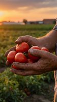 Farmer hands holding fresh red tomatoes at sunset in agricultural field with farm buildings in background for organic farming and harvest concepts.