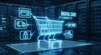 Futuristic shopping cart hologram with digital icons on tablet screen in high-tech data center environment for ecommerce and online retail technology concepts.