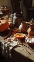 Rustic autumn still life with pumpkin, ceramic pottery, fresh eggs, and halved squash on wooden table in warm golden light.