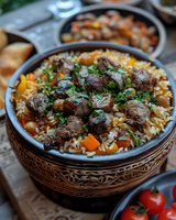 Aromatic lamb pilaf with tender meat chunks, fluffy rice, carrots and fresh herbs served in traditional ceramic bowl with ornate pattern. Middle Eastern cuisine.