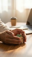 Hands protecting wooden house model on desk with laptop and coffee cup in warm sunlight for real estate insurance and home protection concepts.
