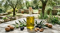 Extra virgin olive oil bottle with fresh olives, walnuts and rosemary on rustic wooden table in Mediterranean grove setting for culinary and cooking concepts.