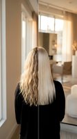 Hair transformation before and after comparison showing damaged blonde hair becoming smooth straight hair in modern salon interior.