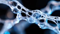 Macro photography of translucent organic structure with intricate web-like patterns and spherical formations in blue tones against dark background, showing molecular connections.