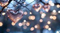 Glowing heart-shaped ornament against blurred bokeh lights background creates romantic winter holiday atmosphere with soft blue and golden tones.