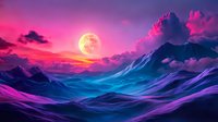 Mystical mountain landscape under full moon with vibrant pink and purple sky, neon-colored peaks, and dramatic clouds creating surreal atmospheric scenery.