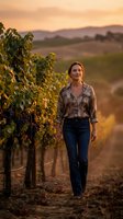 Young woman walking through vineyard rows at golden hour sunset with rolling hills in background during harvest season.